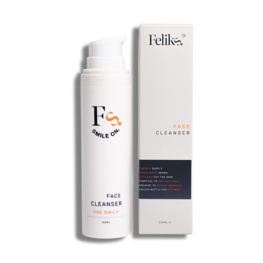 Anti-aging face cleanser for men with glycerin, arginine, citric acid, glycerin, sandal wood aroma bottle next to packaging. feliks skincare