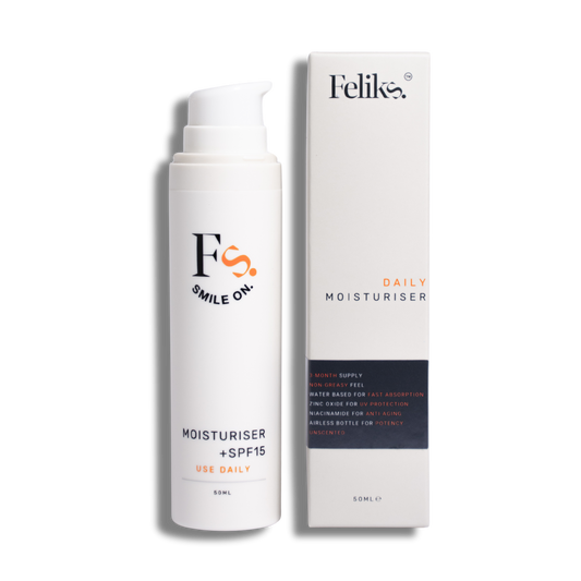 Light water based daily moisturiser with spf15, hyaluronic acid, glycerin, niacinamide, zinc oxide, ceramides next to packaging. feliks skincare